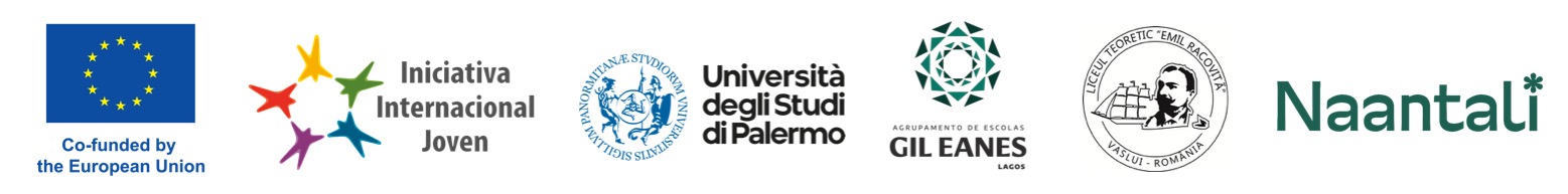 Logos of the European Union and project organisations: Iniciativa Internacional Joven, Università degli Studi di Palermo, Agrupamento de Escolas Gil Eanes, Liceul Teoretic "Emil Racovita" and Naantalin Lukio